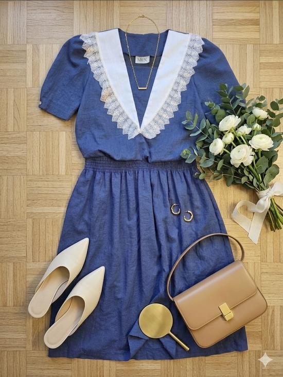 Vintage Dresses & Skirts - Vintage Navy Blue Midi Dress with Lace Sailor Collar – Made in France